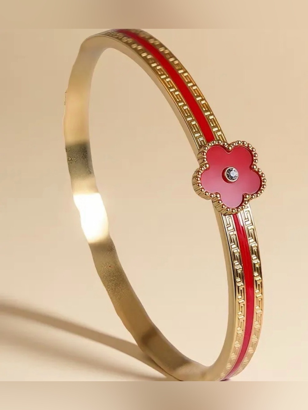 Goldtone Pink Flower Accent stainless steel Bangle Bracelet